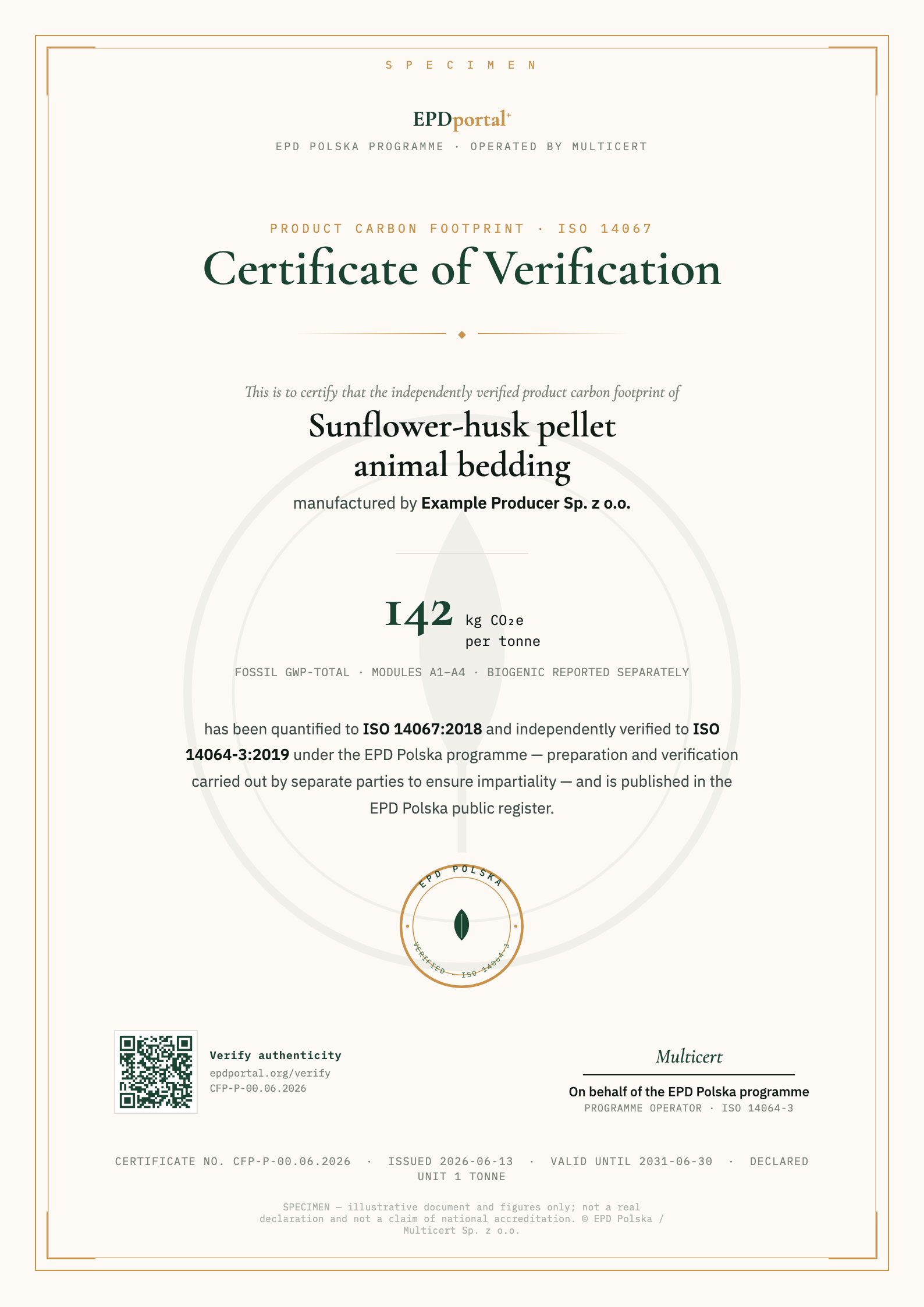 Sample verification certificate (specimen)